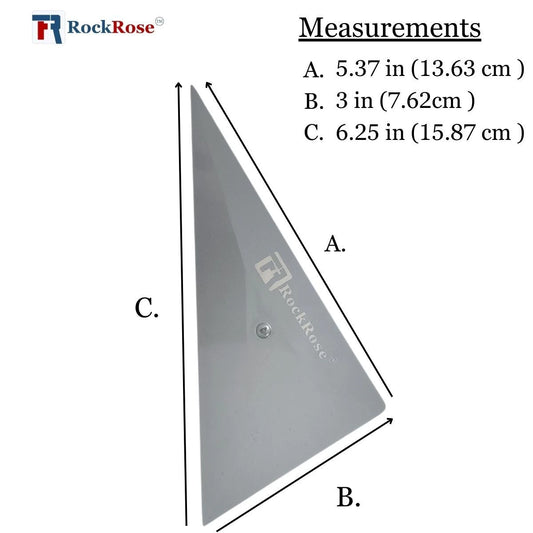 Measurement chart of a triangular tool with RockRose branding, showing dimensions in inches and centimeters.