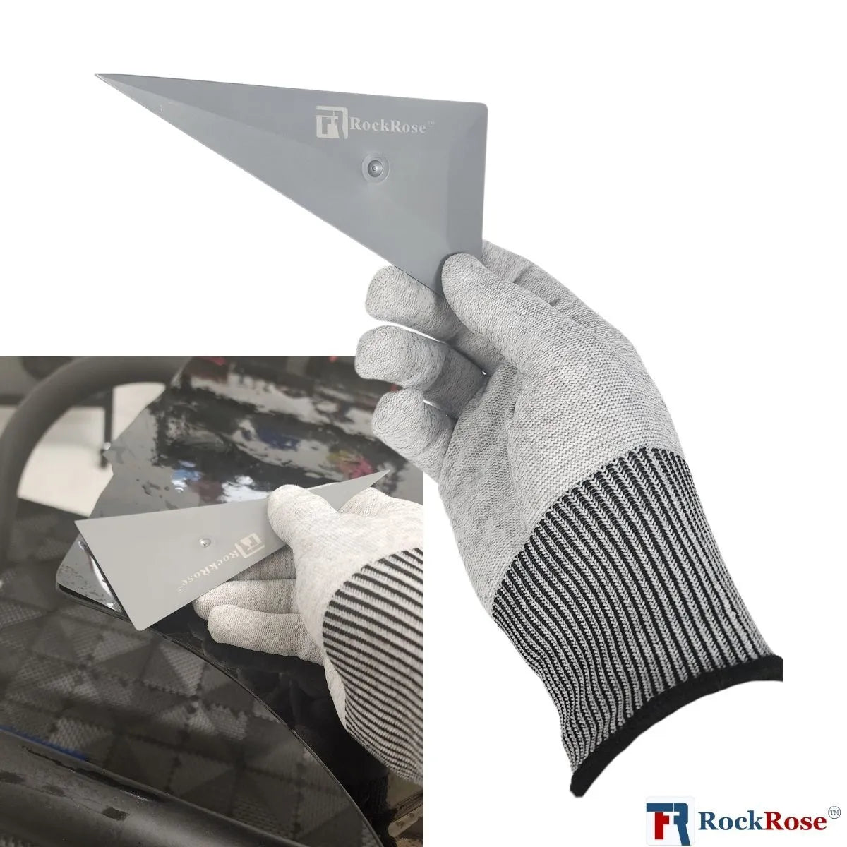 Person using a putty knife on car bodywork with RockRose logo