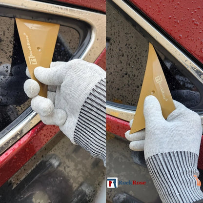 Person using a car window cleaning tool on a car window with RockRose branding.