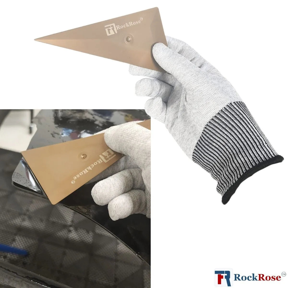 Hand holding a sanding block with 'RockRose' branding, wearing a gray glove.
