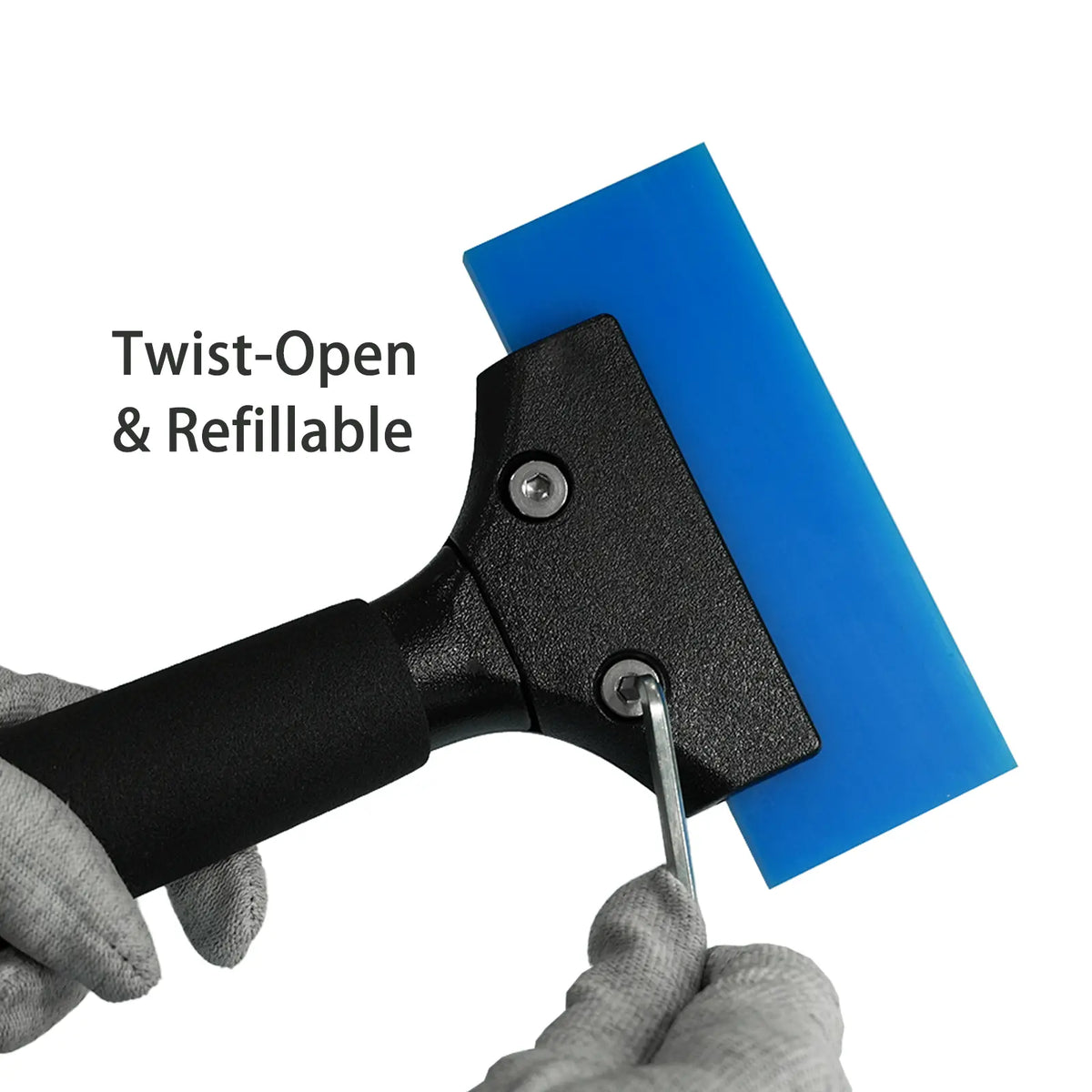 A blue and black squeegee-like tool with a black handle is shown being unscrewed by a gloved hand, with the text 'Twist-Open & Refillable' on a white background.