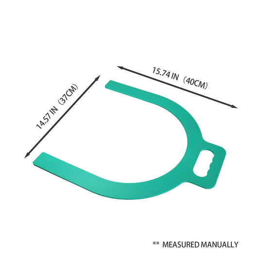 A teal U-shaped tool with dimension arrows and text showing measurements of 14.57 inches (37 cm) and 15.
