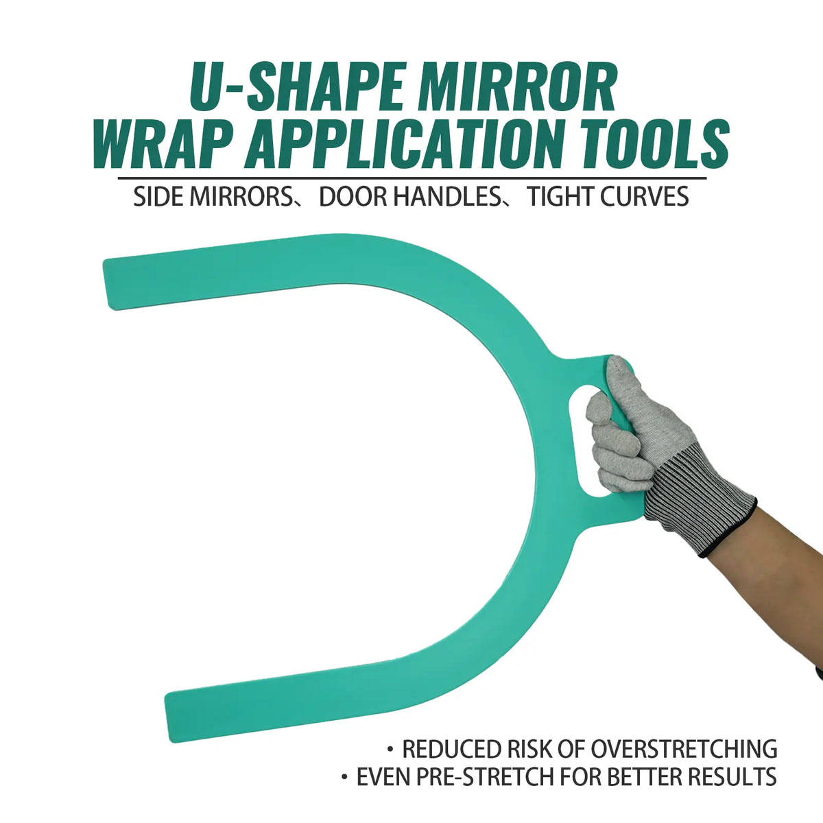 A teal U-shaped mirror wrap application tool is shown being held by a gloved hand against a white background, with text reading 'U-SHAPЕ MIRROR WRAP APPLICATION TOOLS' and additional feature copy.