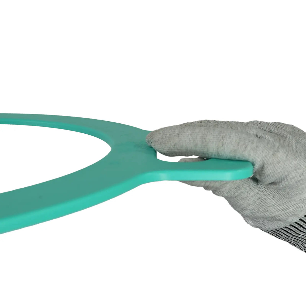 A gray knit work glove holding the handle of a bright teal plastic U-Shape Mirror Wrap Tool against a plain white background.
