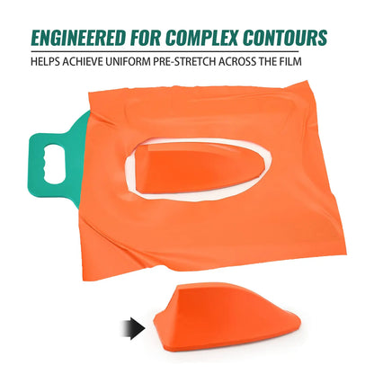 An orange pre-stretched film sheet with a handle and a separate orange molded piece shown below, with text at the top reading 'ENGINEERED FOR COMPLEX CONTOURS' and 'HELPS ACHIEVE UNIFORM PRE-STRETCH ACROSS THE FILM'.