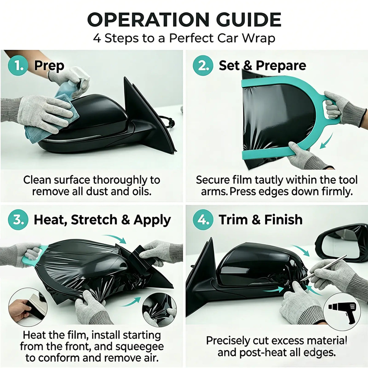 An instructional four-step guide titled 'OPERATION GUIDE: 4 Steps to a Perfect Car Wrap' showing hands wearing gloves applying a black car window wrap film to a side mirror, with labeled steps from Prep to Trim & Finish.