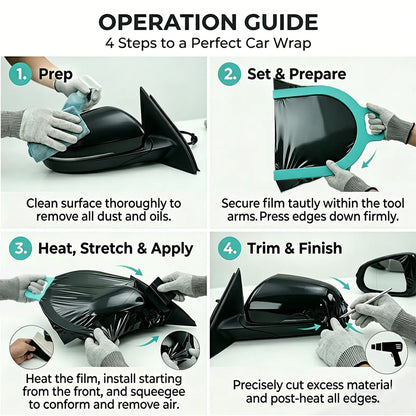 An instructional four-step guide titled 'OPERATION GUIDE: 4 Steps to a Perfect Car Wrap' showing hands wearing gloves applying a black car window wrap film to a side mirror, with labeled steps from Prep to Trim & Finish.