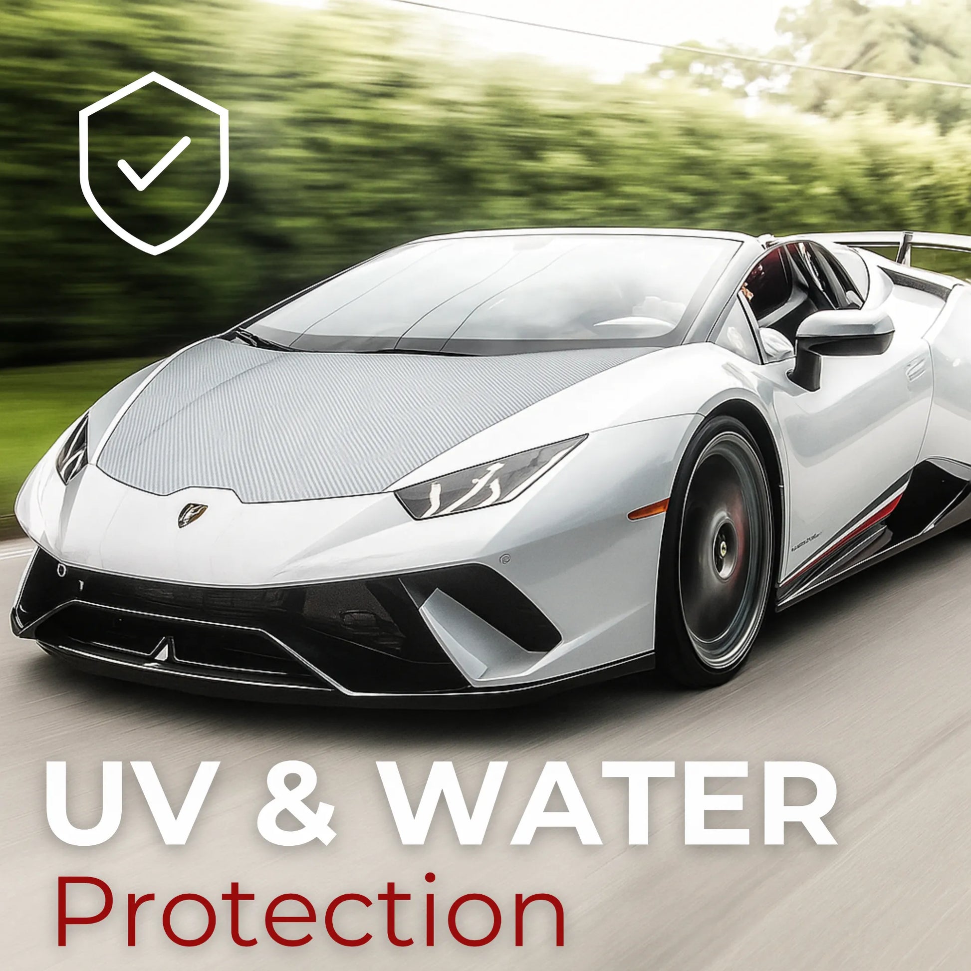 Front view of a luxury sports car with 7D carbon fiber wrap on the hood, showcasing its UV and water-resistant properties for long-lasting protection and durability.