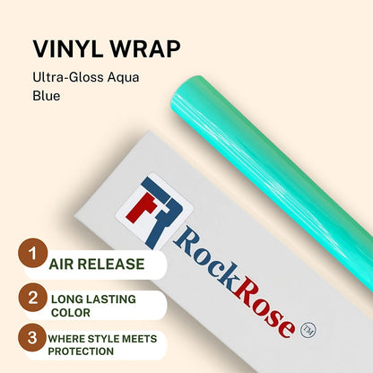Roll of vinyl wrap with RockRose branding and product features on a beige background with ultra gloss aqua blue