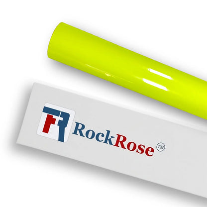 Roll of yellow vinyl wrap with RockRose branding on a white background RockRose vinyl wrap roll with packaging on a beige background ultra gloss light lime