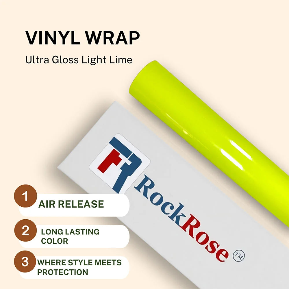 RockRose vinyl wrap roll with packaging on a beige background ultra gloss light lime