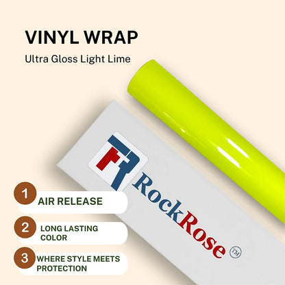 RockRose vinyl wrap roll with packaging on a beige background ultra gloss light lime