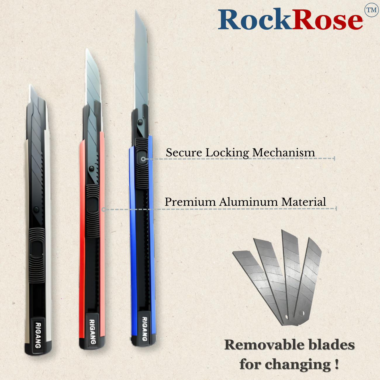 Rockrose Snap Off Blade with Comfortable Grip - Lightweight Retractable Design Utility Knife Blades for Precision Cutting - Stainless Steel Cutting Blade with Locking Grooves - 9MM 30 Degree Knife