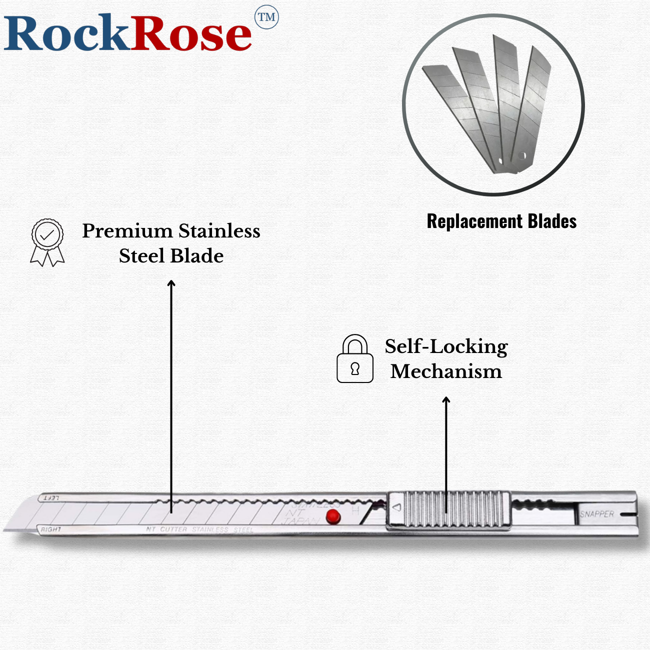 Rockrose Red Dot Knife with Snap Off Blade - Lightweight Utility Knife Blades for Precision Cutting - Stainless Steel Cutting Blade with Locking Feature - NT Pro Red Dot Knife