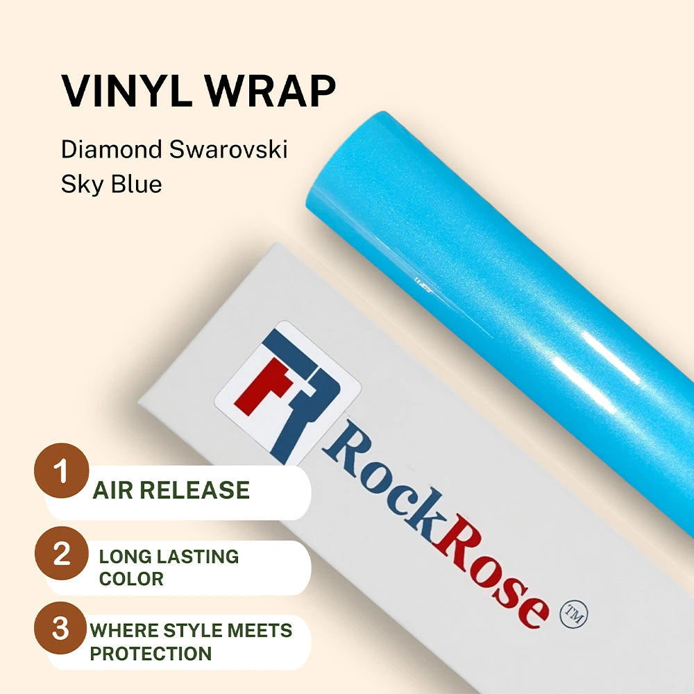 Roll of blue vinyl wrap with RockRose branding on a beige background