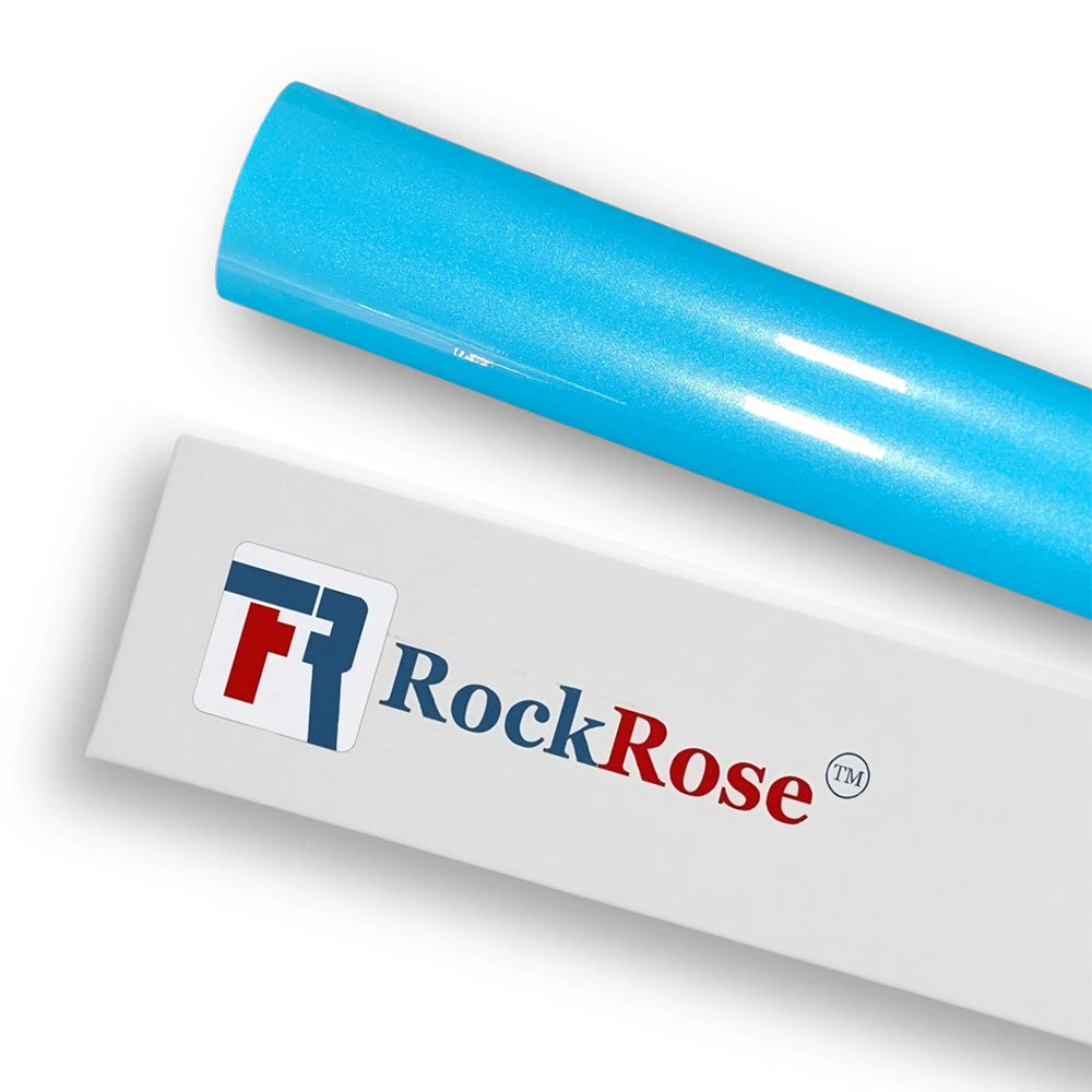 Roll of blue vinyl wrap with RockRose branding on a white background