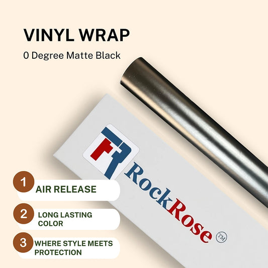 Rockrose Martte elegant black vinyl wrap, with air release and long lasting color on beige background