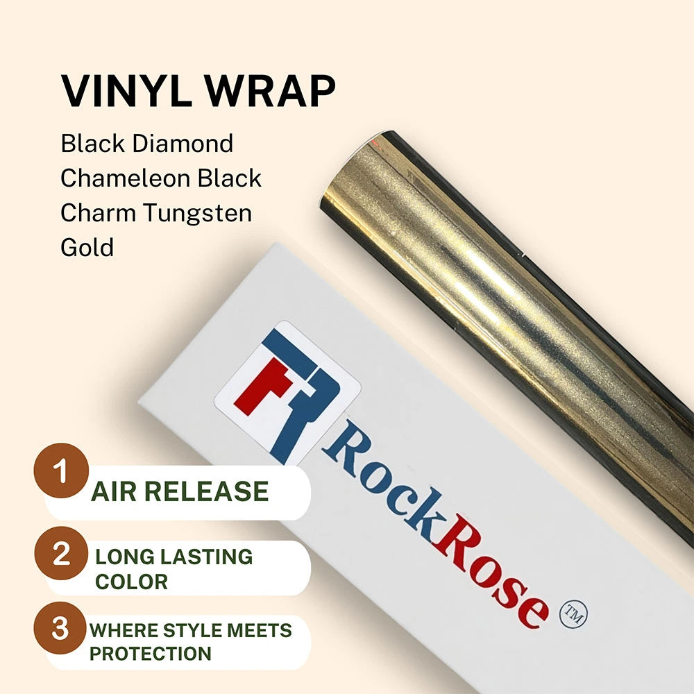 RockRose vinyl wrap roll with color options and features on a beige background color charm tungsten gold