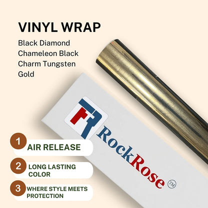 RockRose vinyl wrap roll with color options and features on a beige background color charm tungsten gold