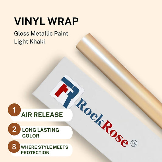Roll of vinyl wrap with RockRose branding and product features on a beige background gloss metallic paint light khaki