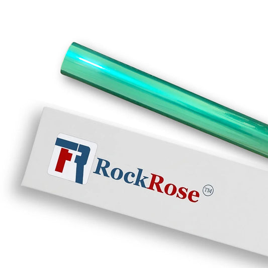 Roll of vinyl wrap with RockRose branding and product features on a beige background gloss metallic paint light sea green with rockrose trademark