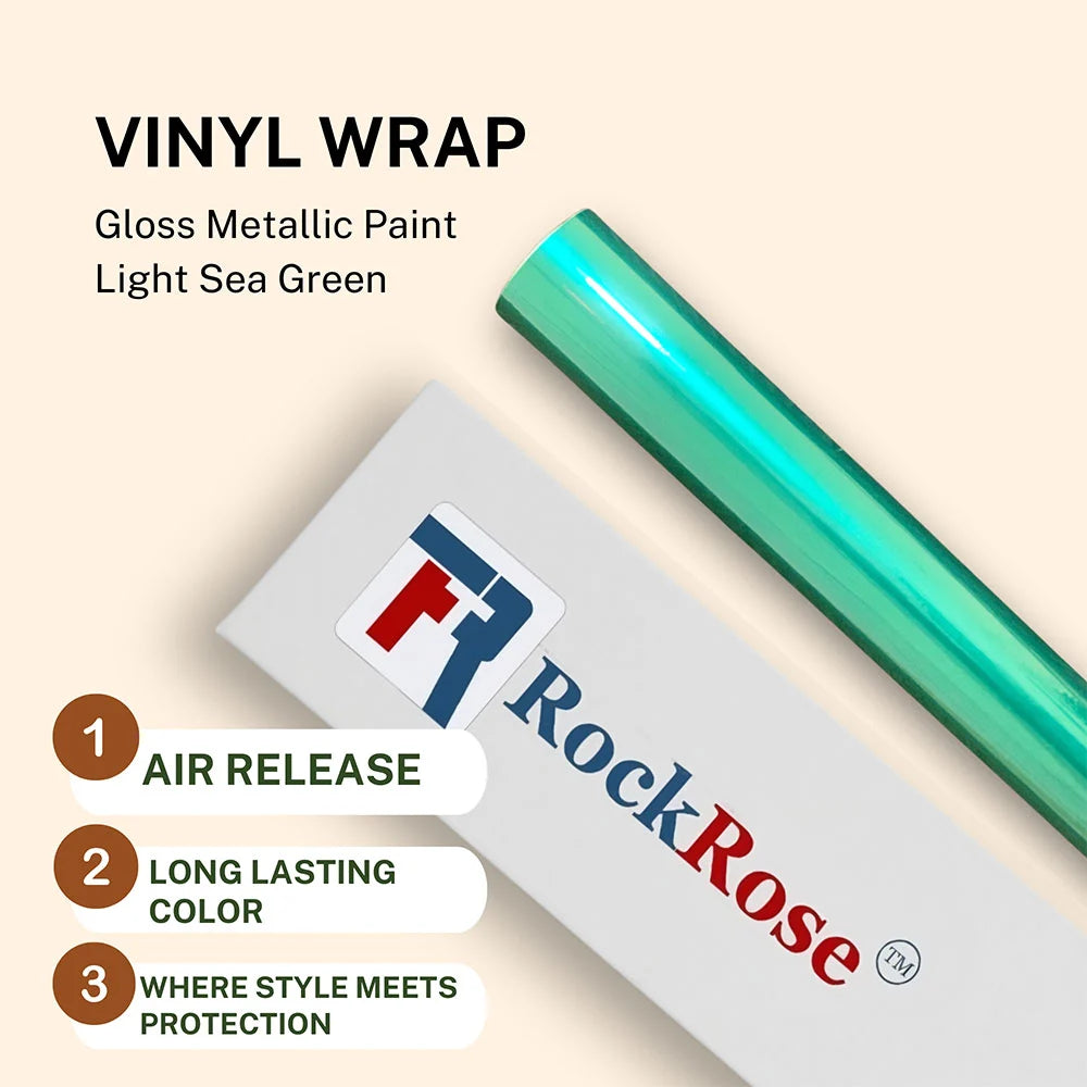 Roll of vinyl wrap with RockRose branding and product features on a beige background gloss metallic paint light sea green