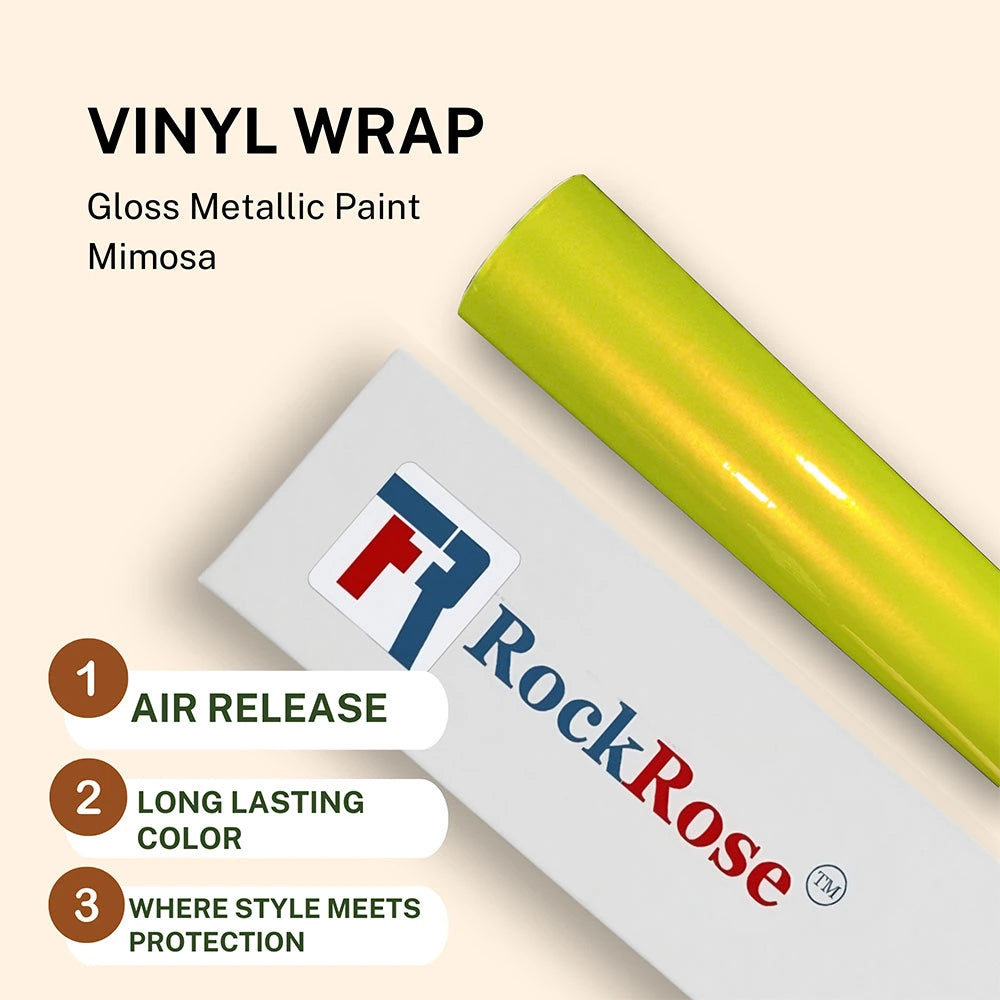 Roll of vinyl wrap with RockRose branding and product features on a beige background