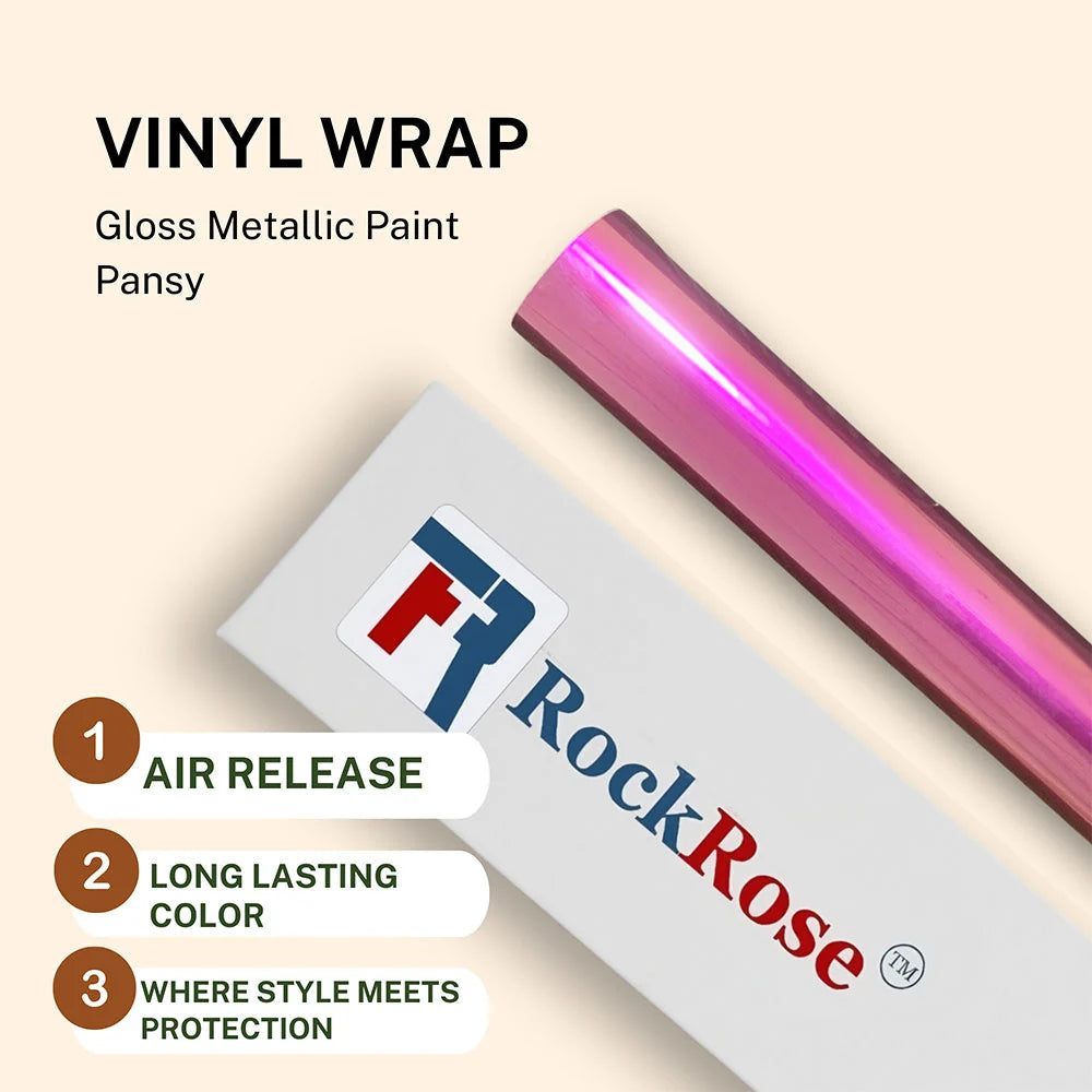 Roll of pink vinyl wrap with RockRose packaging on a beige background gloss metallic pansy