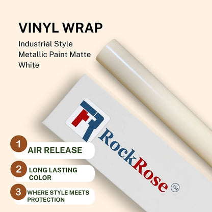 Roll of vinyl wrap with RockRose branding and product features on a beige background