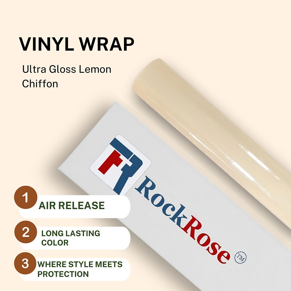 Roll of vinyl wrap with RockRose branding and product features on a beige background ultra gloss lemon vinyl wrap