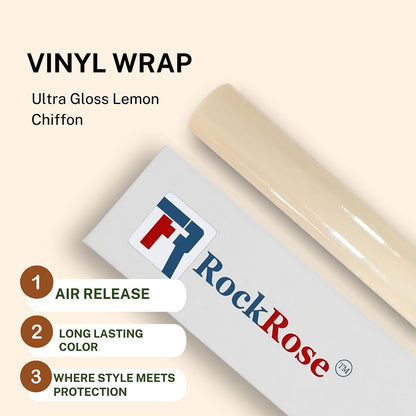 Roll of vinyl wrap with RockRose branding and product features on a beige background ultra gloss lemon vinyl wrap