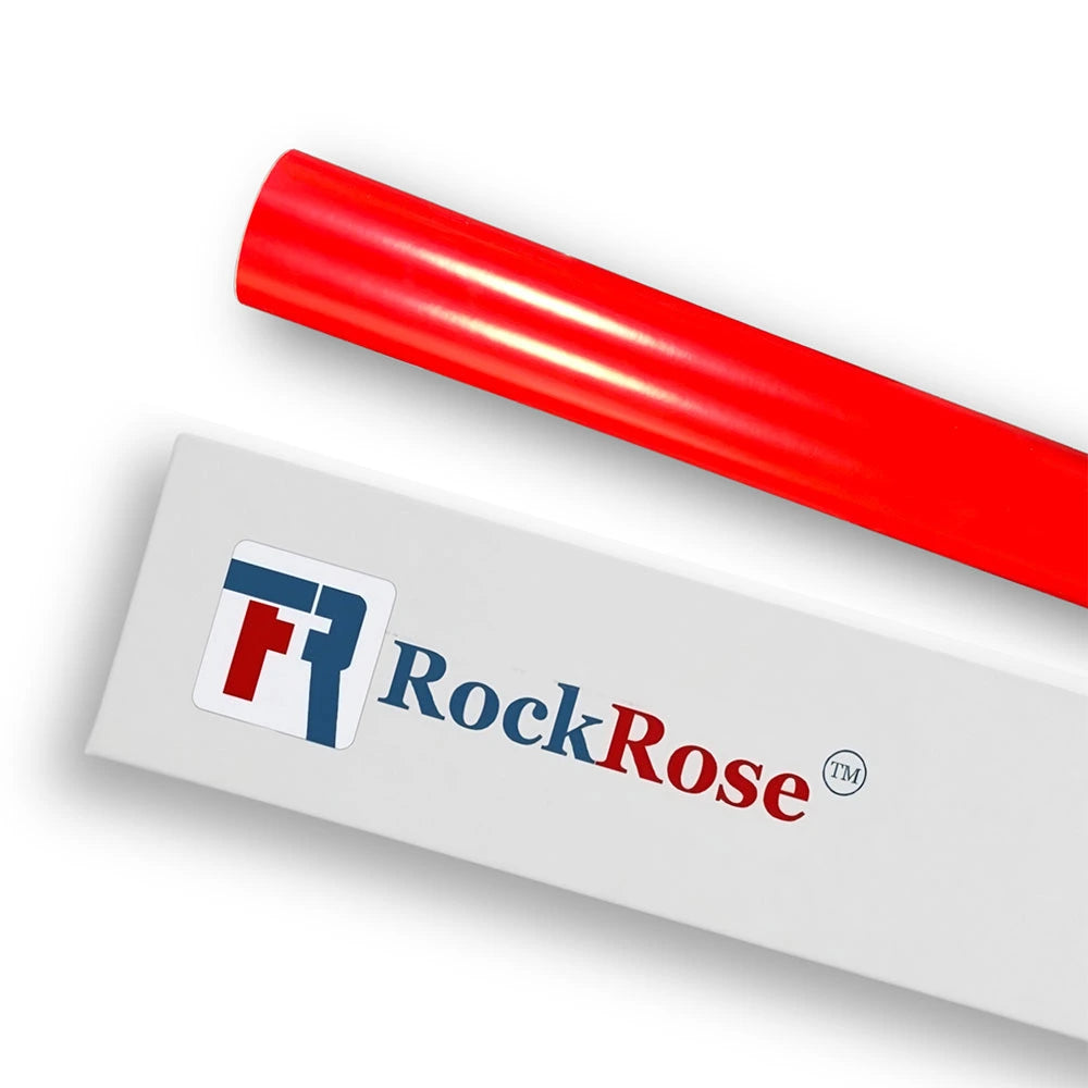 Roll of vinyl wrap with RockRose branding and product features on a beige background showing matte ceramic red
