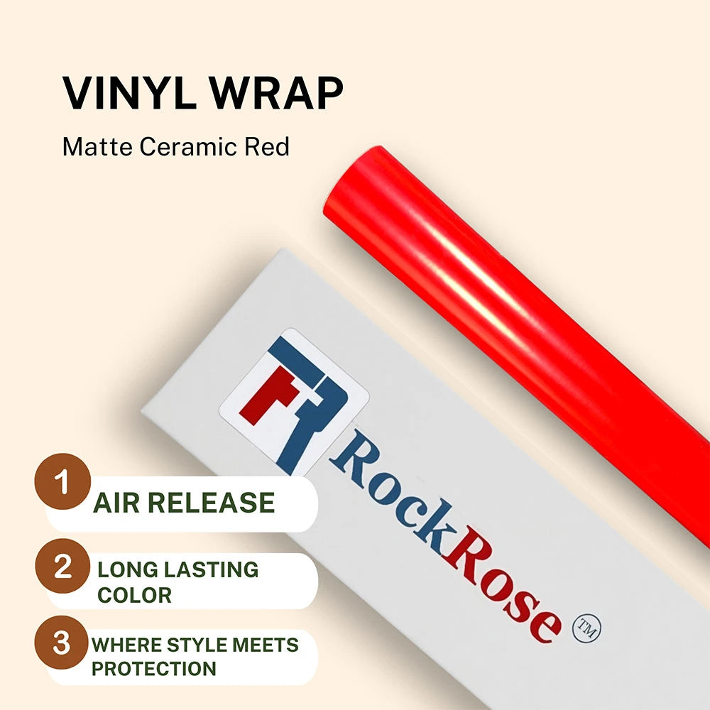 Roll of vinyl wrap with RockRose branding and product features on a beige background matte ceramic red