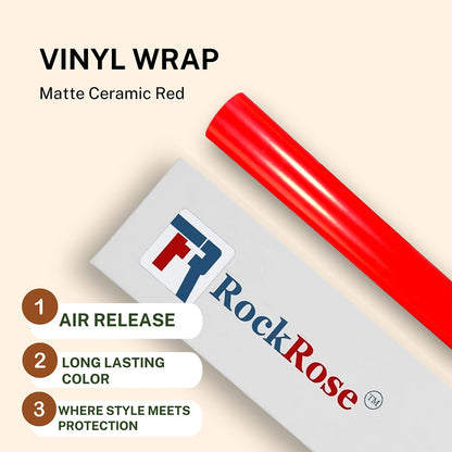 Roll of vinyl wrap with RockRose branding and product features on a beige background matte ceramic red