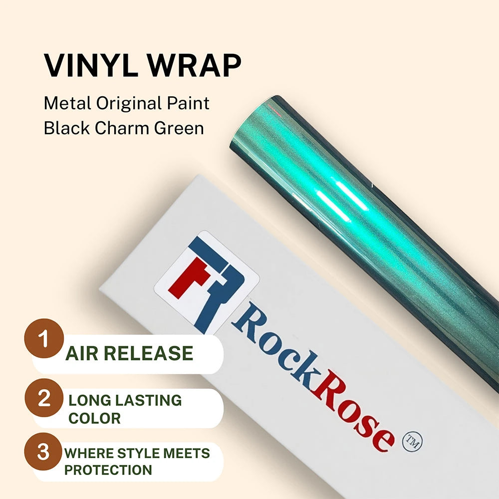 Roll of vinyl wrap black charm green with RockRose branding and product features on a beige background