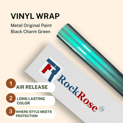 Roll of vinyl wrap black charm green with RockRose branding and product features on a beige background