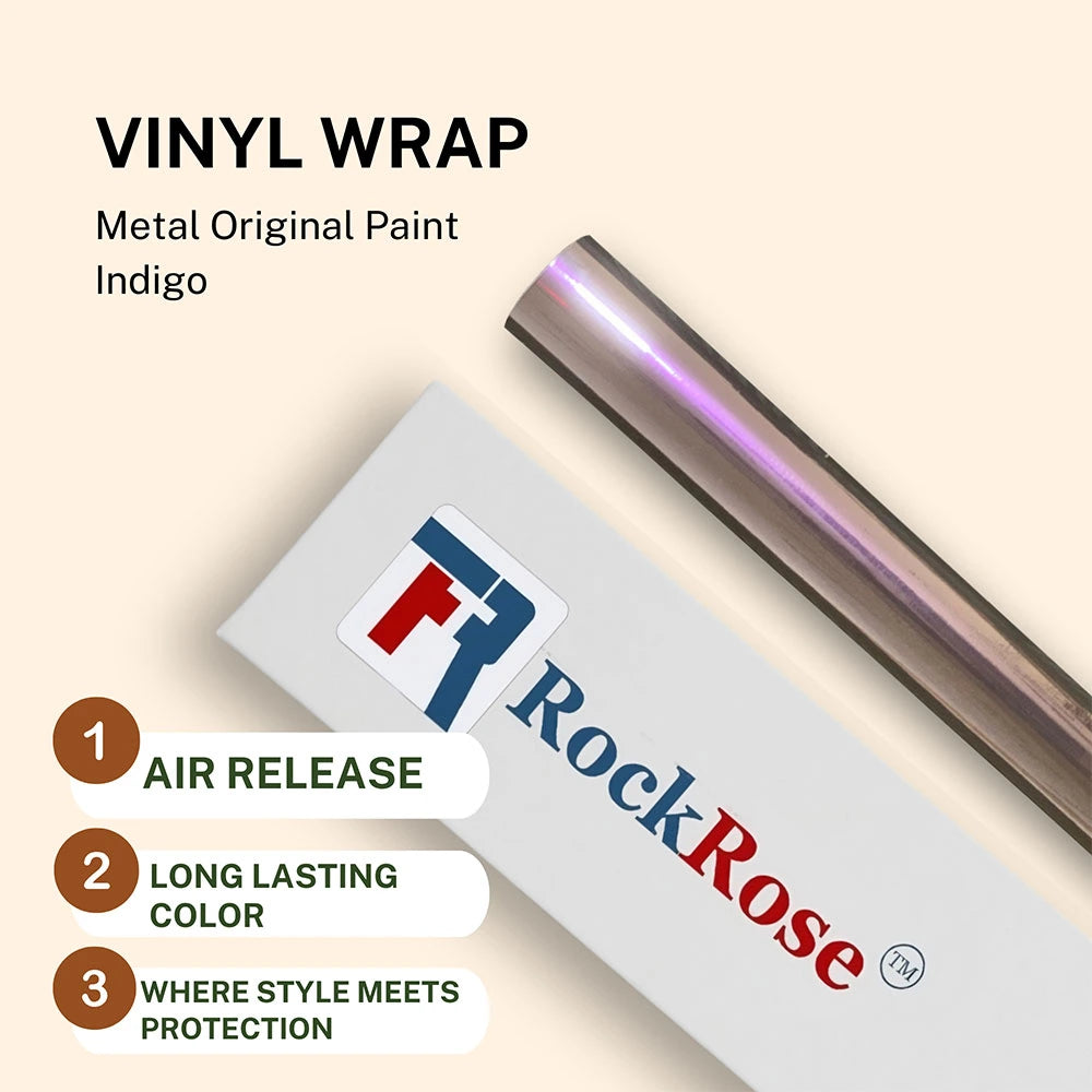 Roll of vinyl wrap with RockRose branding and product features on a beige background metal original paint indigo