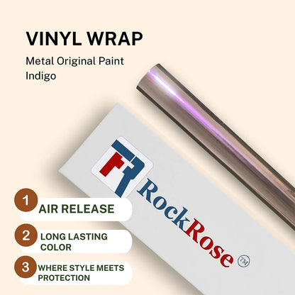 Roll of vinyl wrap with RockRose branding and product features on a beige background metal original paint indigo