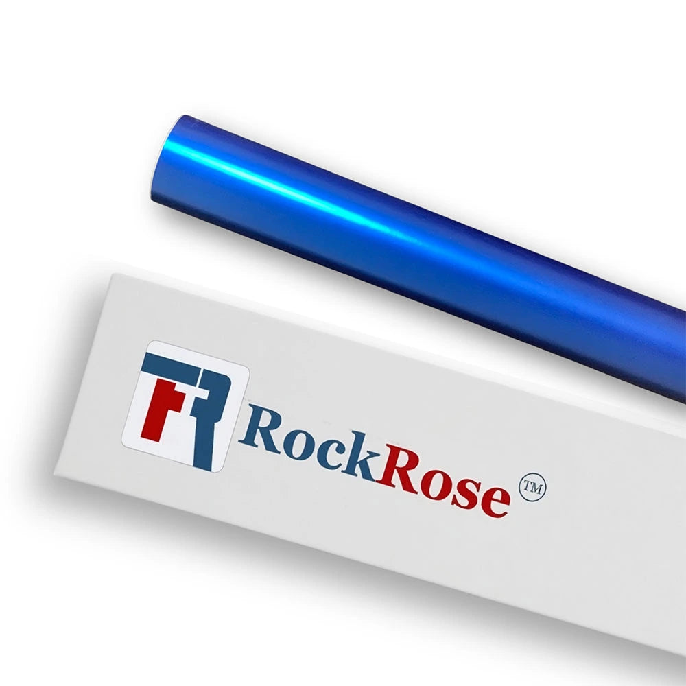 Roll of vinyl wrap with RockRose branding and product features on a beige background with color satin ceramic blue