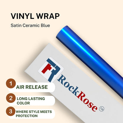 Roll of vinyl wrap with RockRose branding and product features on a beige background satin ceramic blue