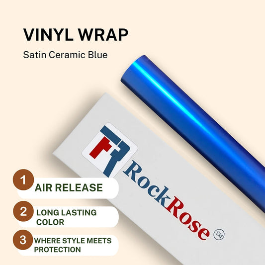 Roll of vinyl wrap with RockRose branding and product features on a beige background satin ceramic blue