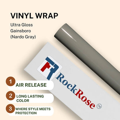 Roll of vinyl wrap with RockRose branding and product features on a beige background