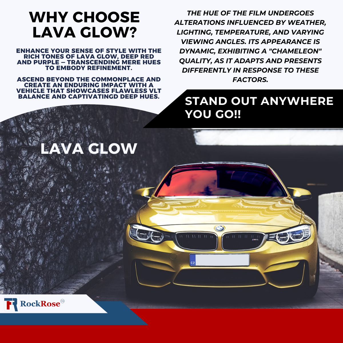 RockRose Lava Glow Chameleon Window Film: Expertly Engineered Dynamic Color-Shifting Protection for Enhanced Visibility and Style