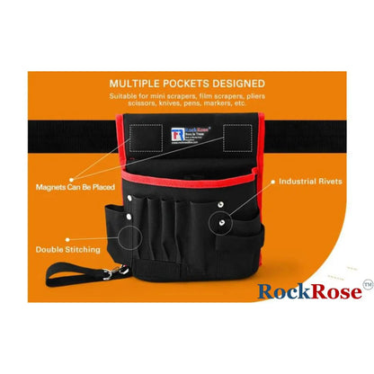 A black and red RockRose tool pouch shown on an orange graphic background with callout labels pointing out features such as multiple pockets, magnets, double stitching, and industrial rivets.