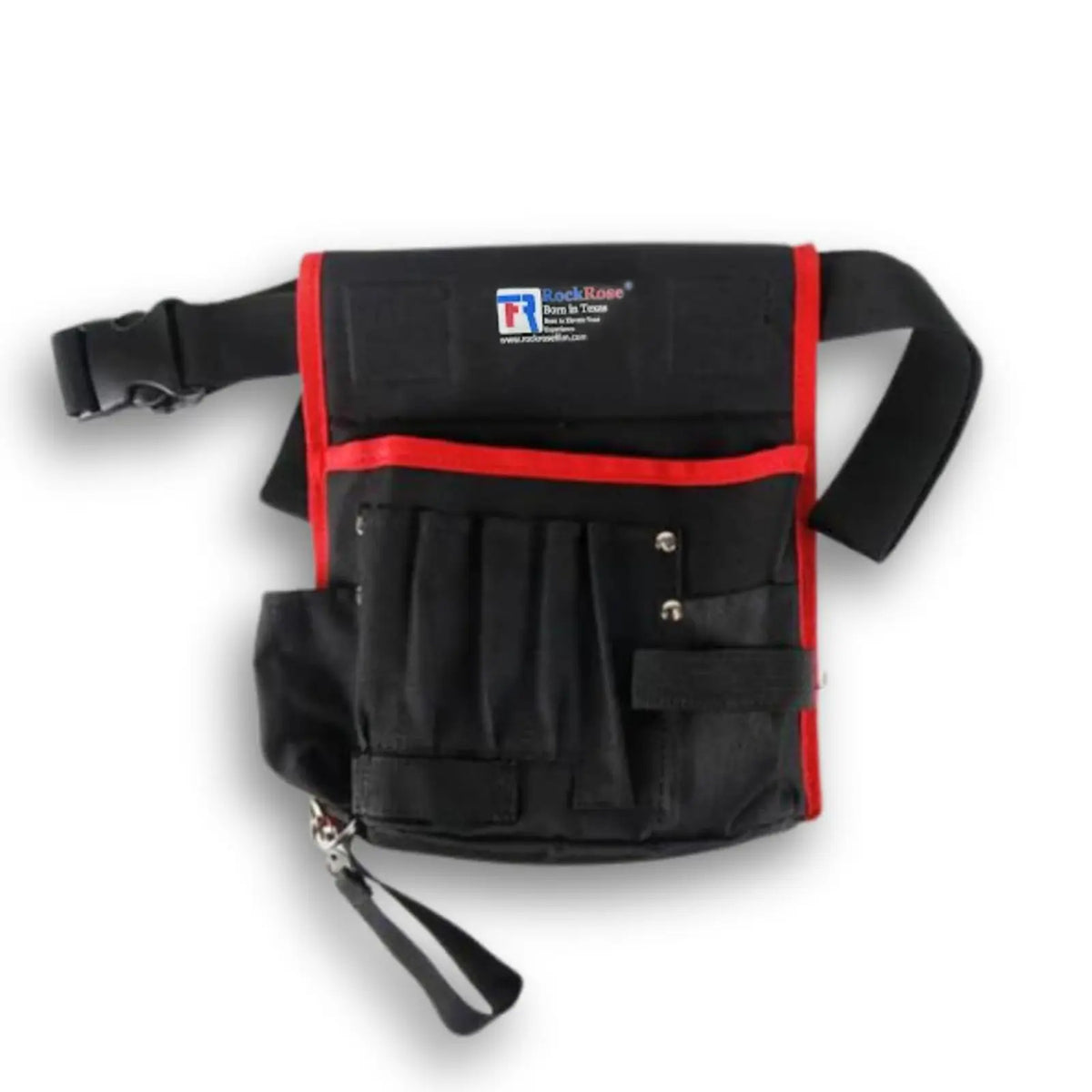 A black utility tool pouch with red trim, featuring multiple front pockets, a top flap with a visible 'ToolZone' logo, and an adjustable shoulder strap on a white background.