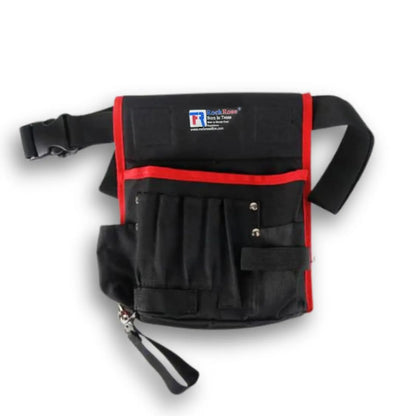A black utility tool pouch with red trim, featuring multiple front pockets, a top flap with a visible 'ToolZone' logo, and an adjustable shoulder strap on a white background.
