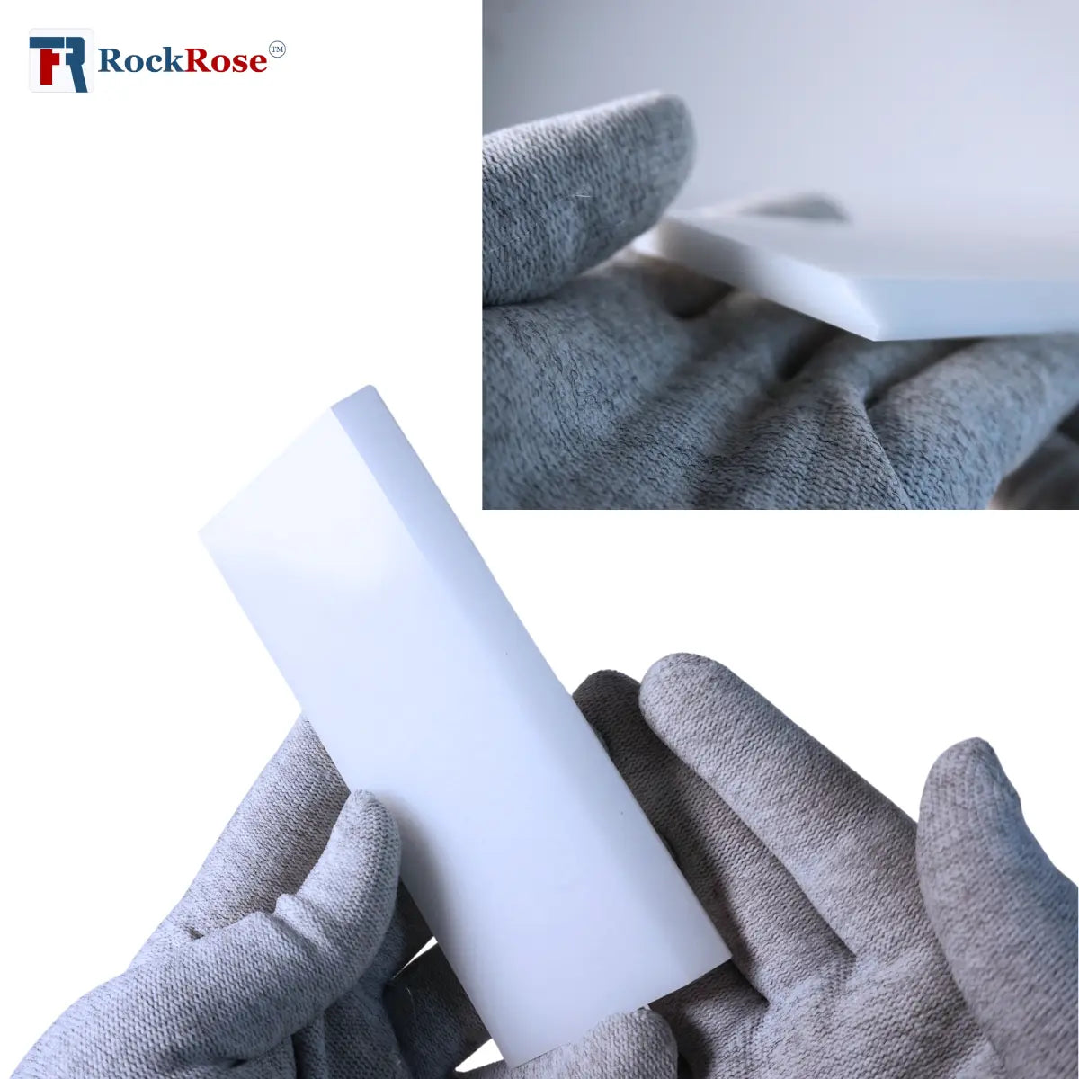 Person wearing gray gloves holding a white plastic object with 'RockRose' branding.