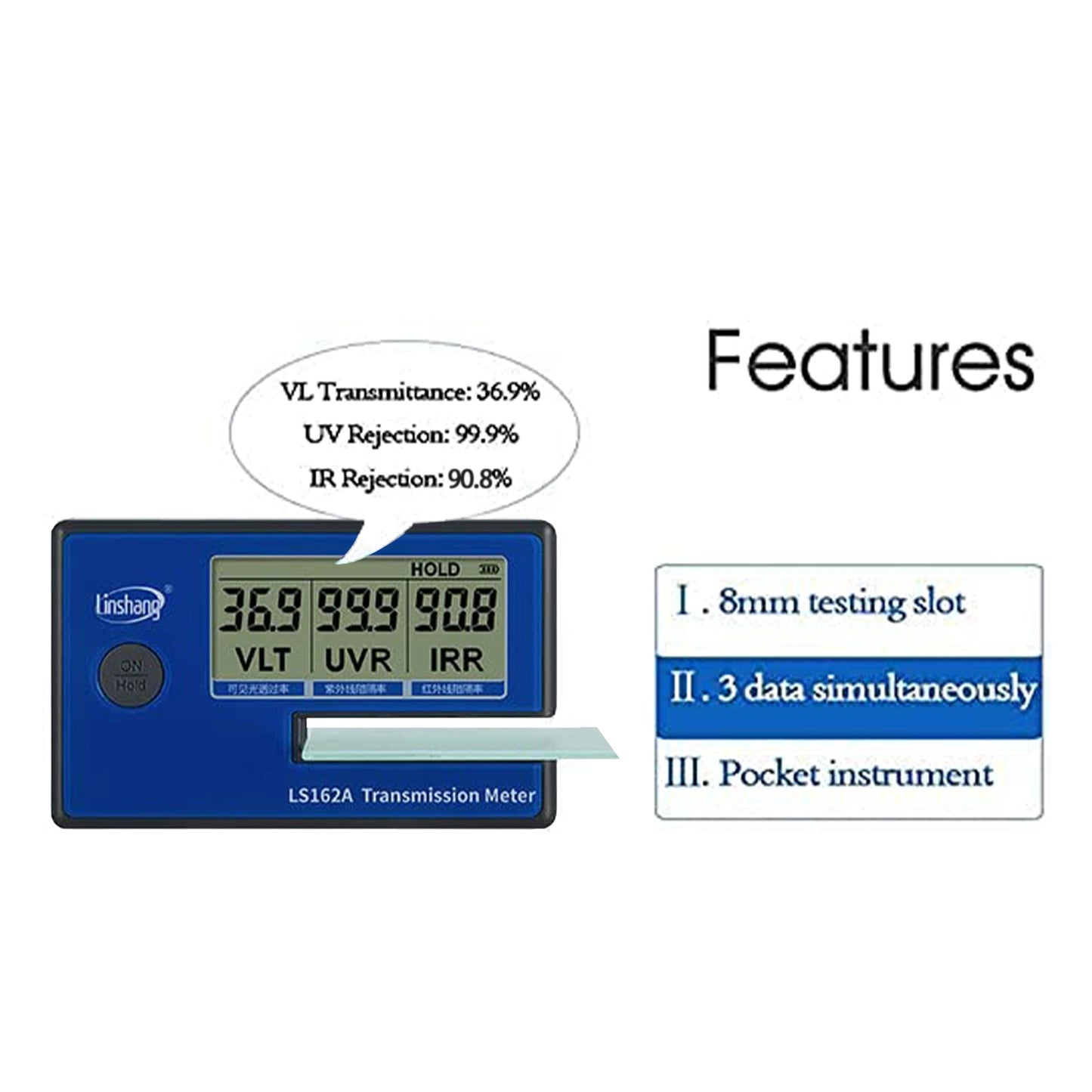Transmission meter with features highlighted on a white background