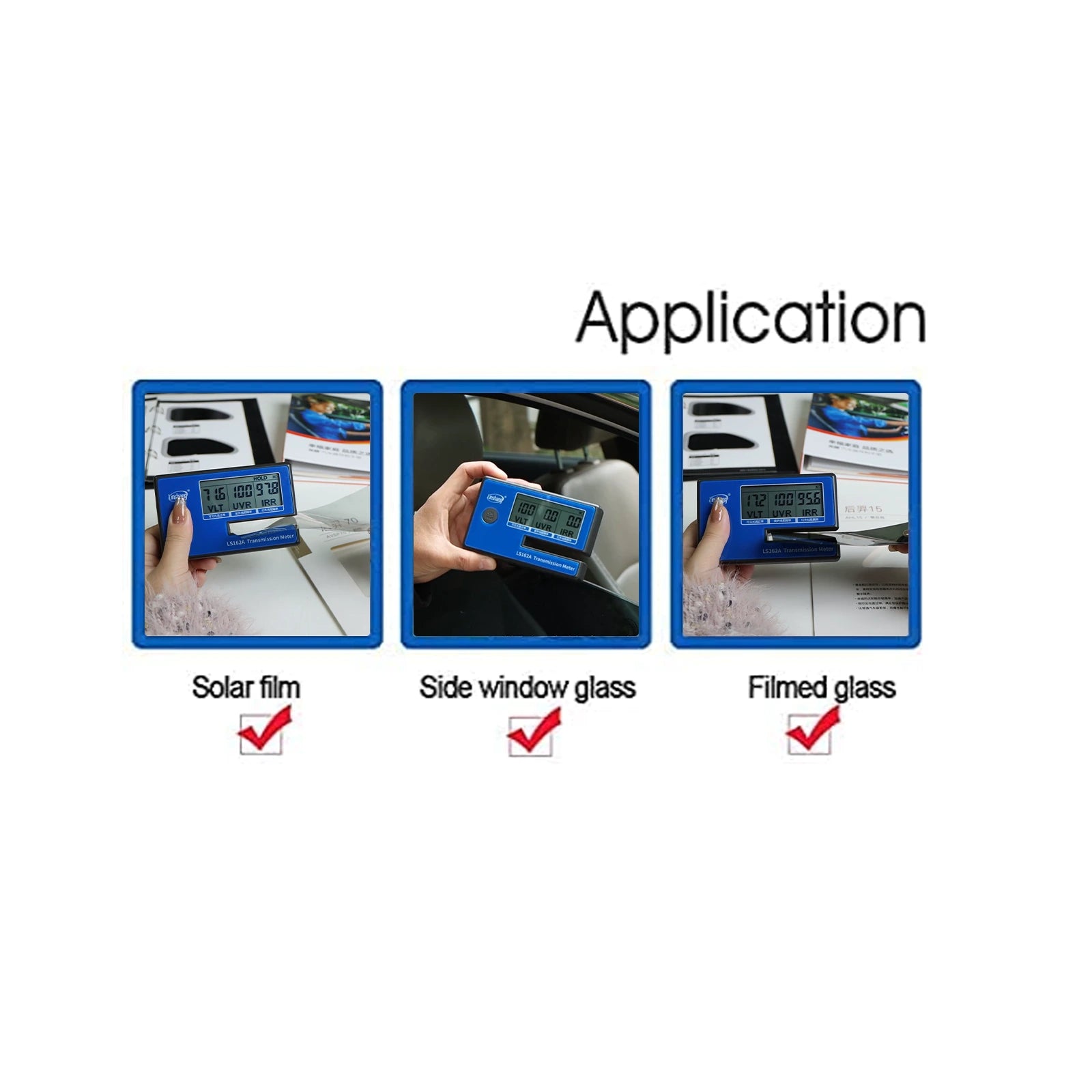 Illustration of a digital  Window Tint & Solar Film Transmission Meter being applied to solar film, side window glass, and filmed glass with checkmarks.
