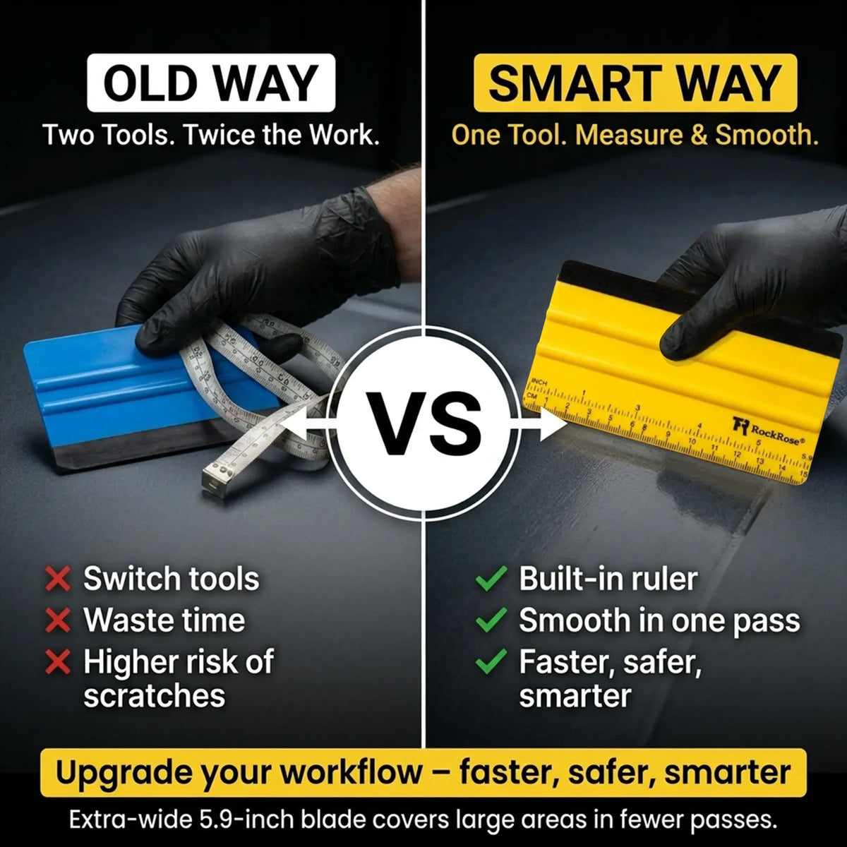 A split comparison graphic showing a hand in a black glove using an old blue measuring tool with a tape measure versus a new yellow QuickScribe smart tool with a built-in ruler, labeled 'OLD WAY' and 'SMART WAY' on a dark background.